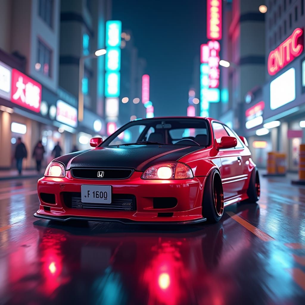 Red Civic EK in Neon City: Anime Style