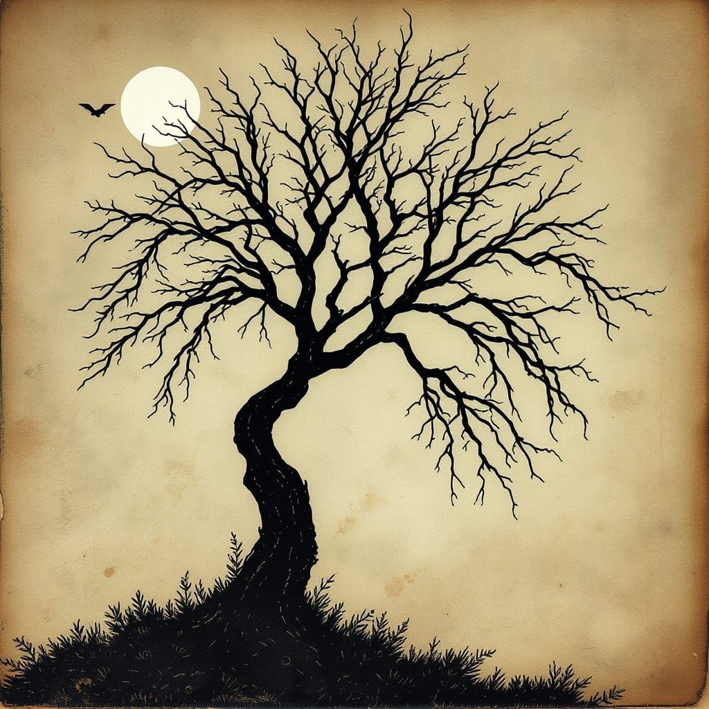 Tattered Willow Silhouette Under Moonlight in Antique Waterc...