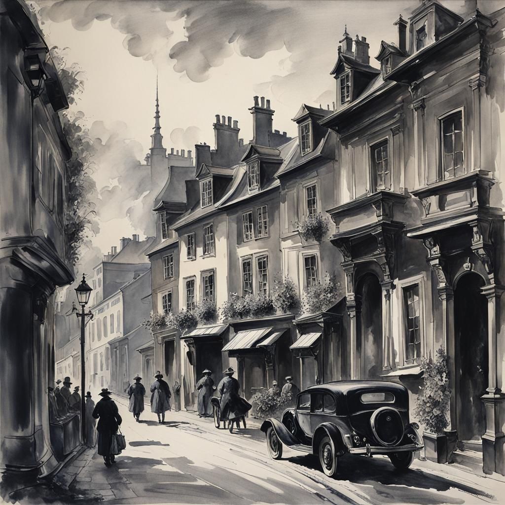Idyllic Street in Monochromatic Grey Ink Wash