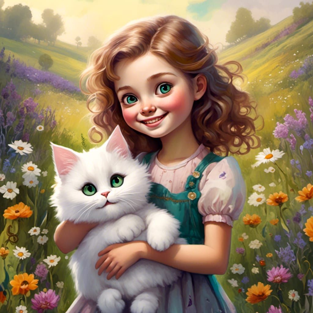 Girl with Cat in Wildflower Meadow, 3D Digital Art