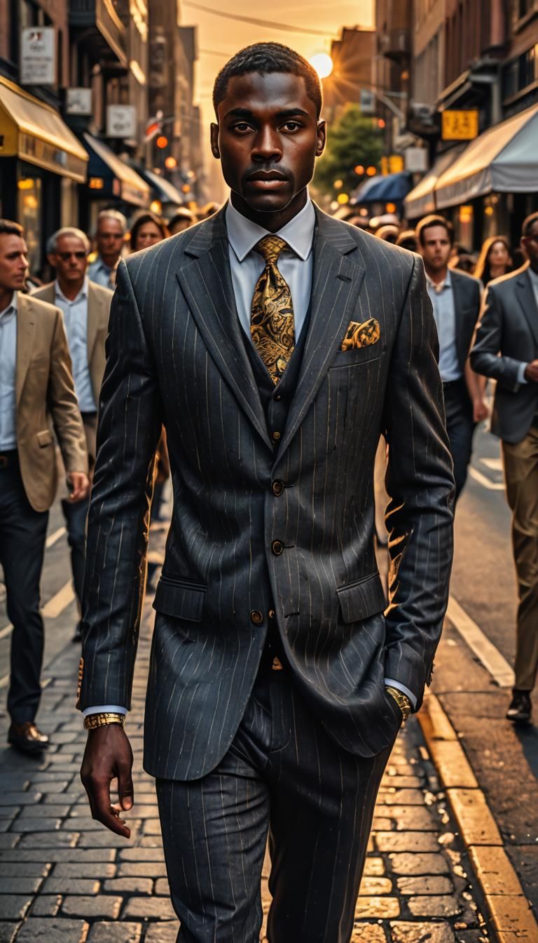 Feline Man in Pinstripes Walks City Street