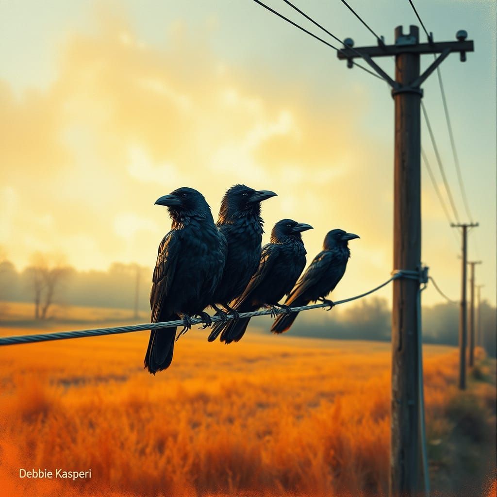 Majestic Crows Perch on Vibrant Telephone Wire