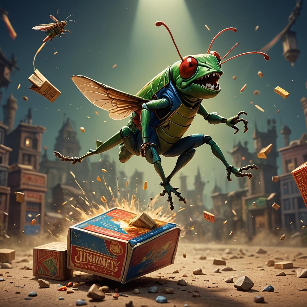 Cricket jumping over a matchbox