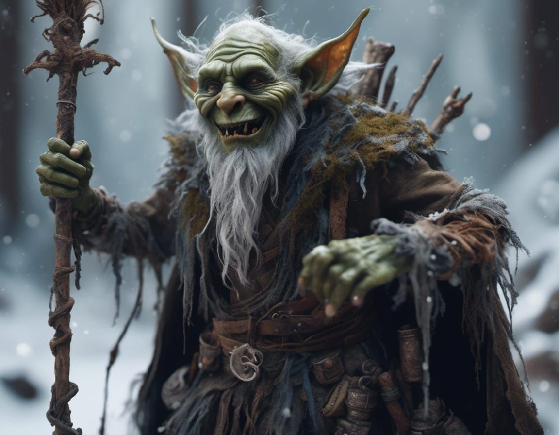 Hyperrealistic Goblin Wizard Chanting in Snowy Woods
