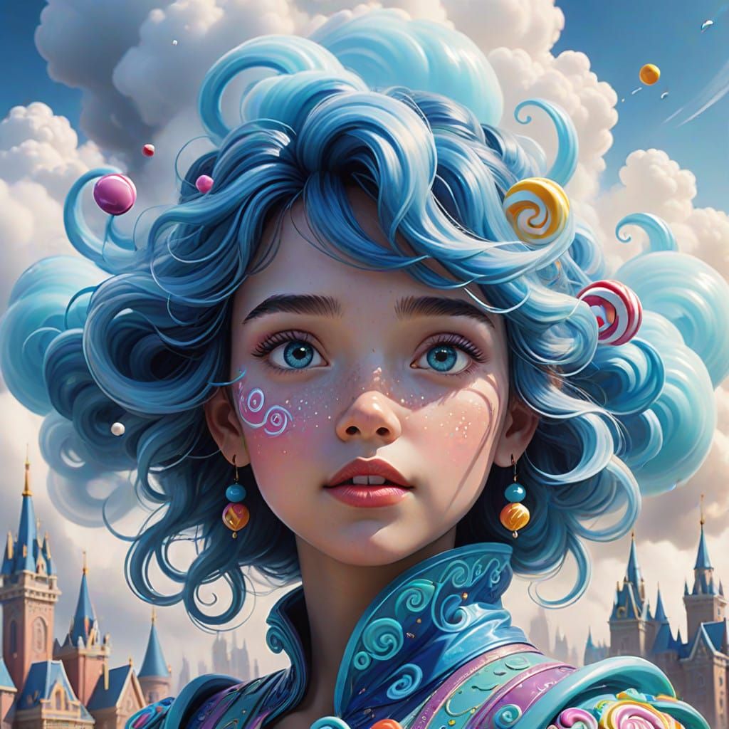 Ethereal Cloud Goddess in Whimsical Cityscape