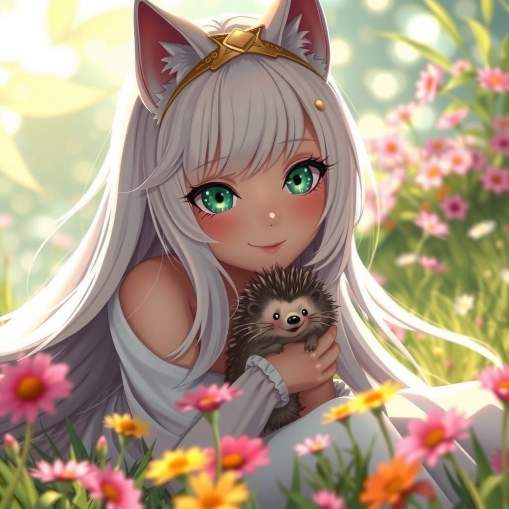 Enchanted Anime Maiden in Vibrant Meadow