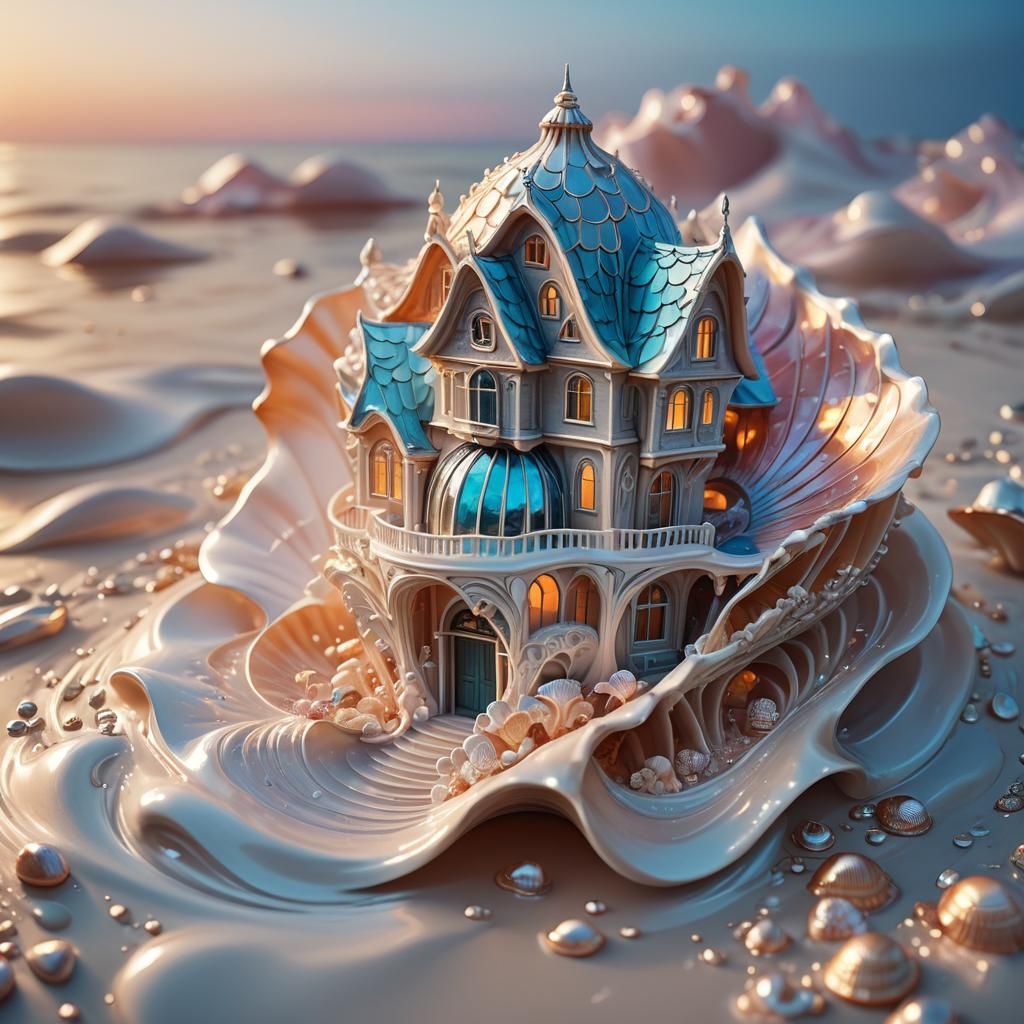 Iridescent Seashell House in Hyperrealistic Splash Art