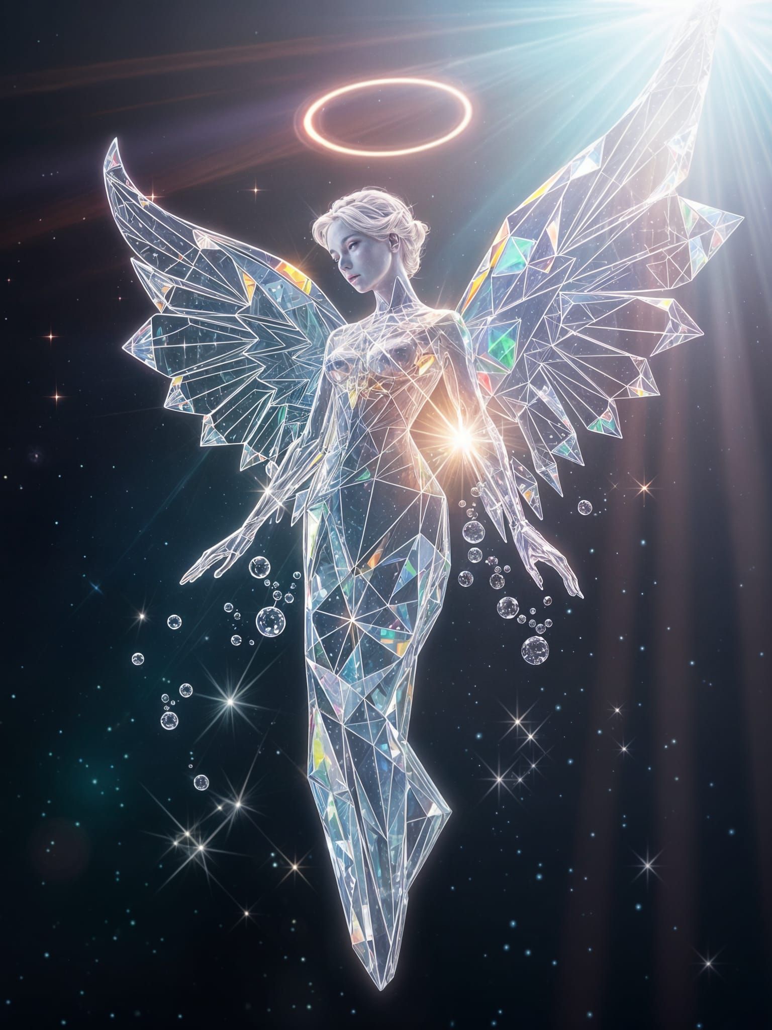 Ethereal Crystal Angel in Cosmic Glow