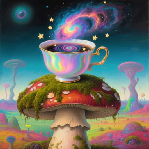 Surrealism. Oil painting. A whimsical teacup filled with swi...