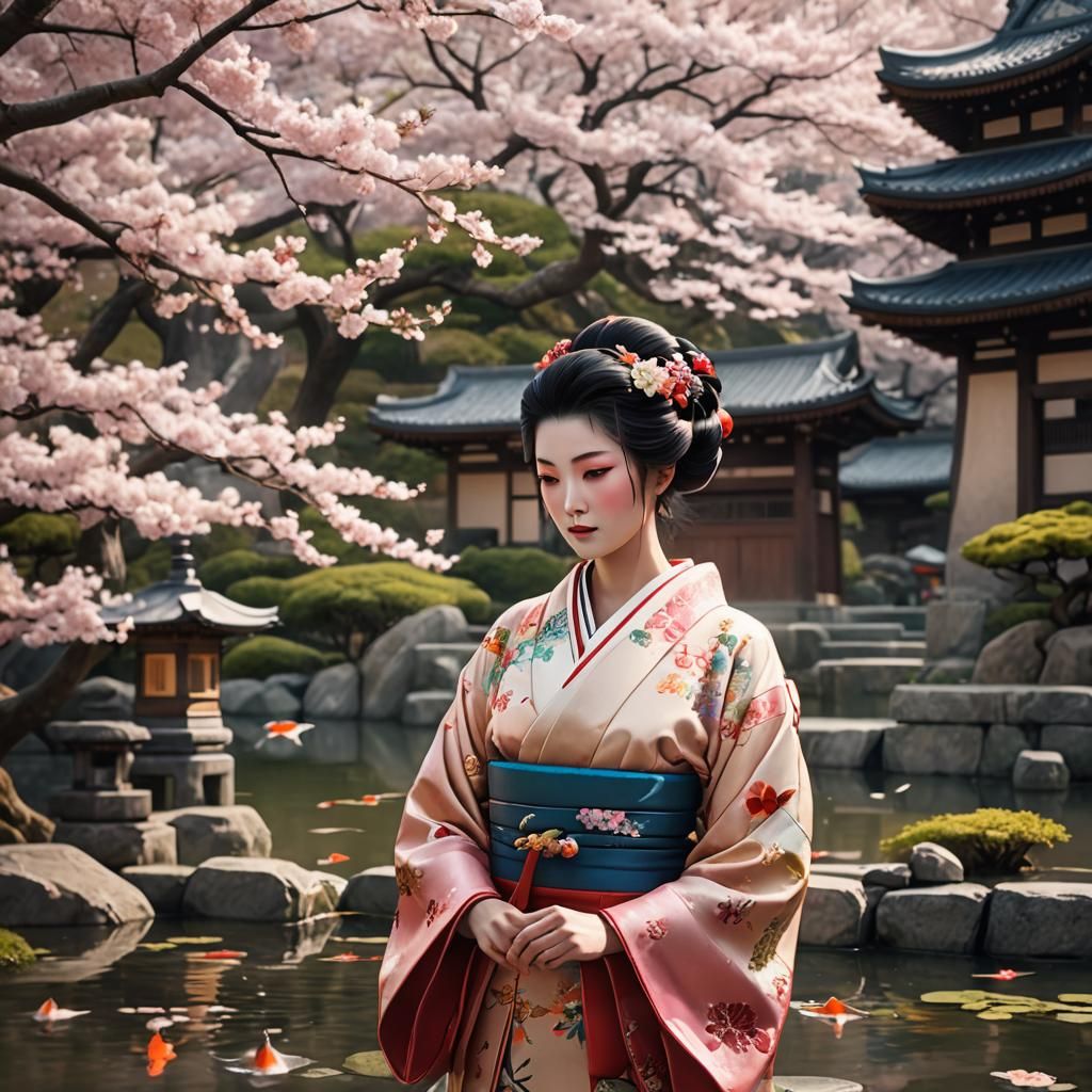 Geisha at Koi Pond in Japanese Palace Scene