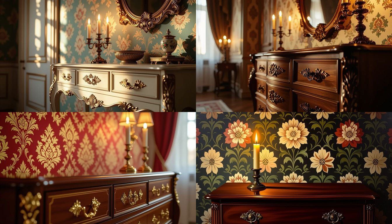 Candlelit Russian Room with Fancy Dresser and Elegant Wallpa...