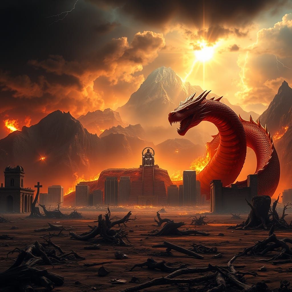 Biblical Apocalypse in Fiery, Stormy Skies with a Burning Mo...
