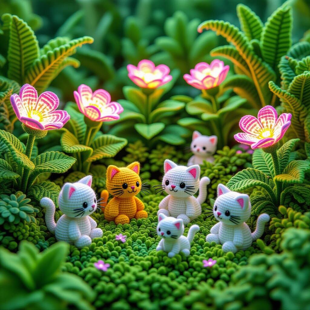 Synthwave Crochet Garden with Neon Flowers and Kittens