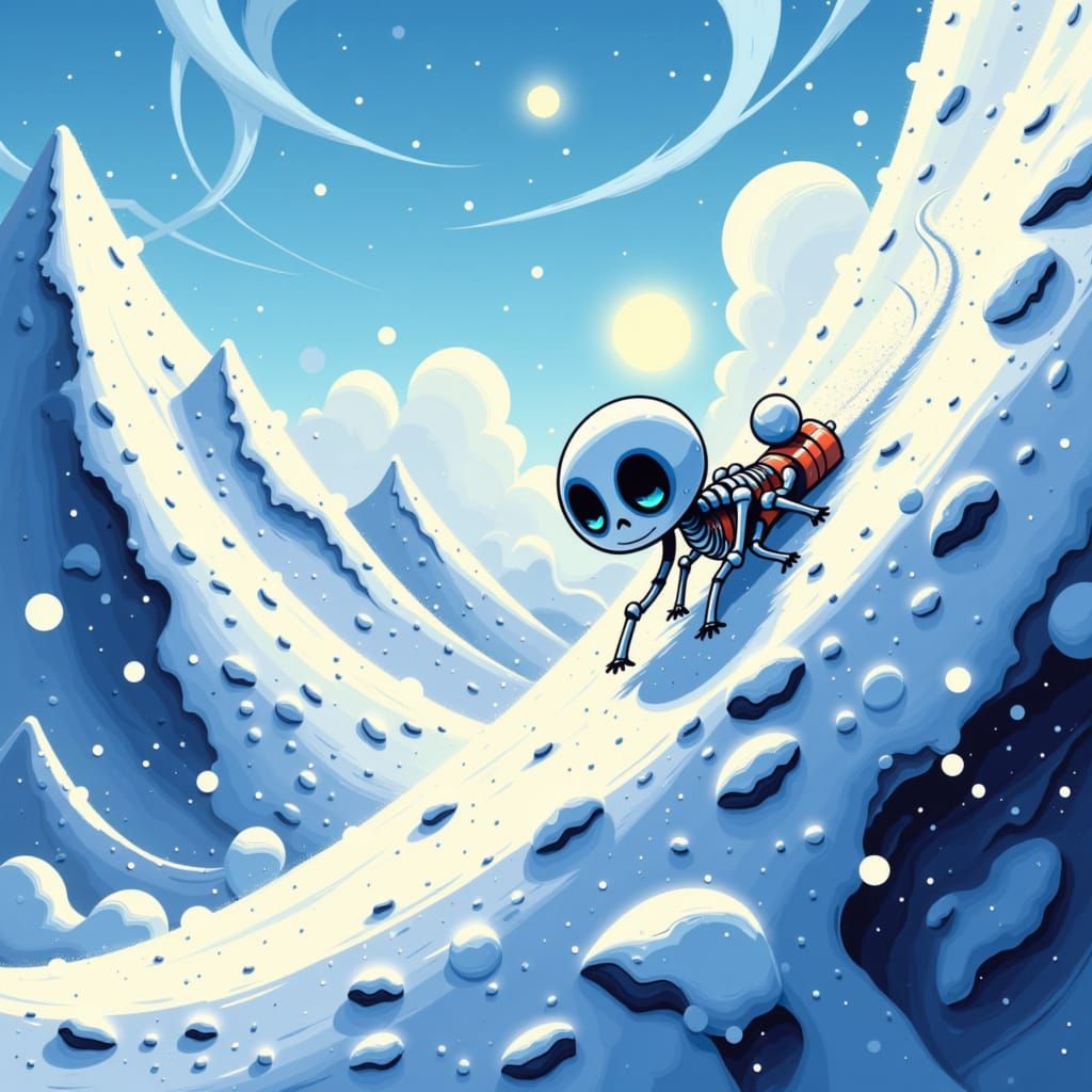 Little Skelly Rolls Down Snowy Mountain in Whimsical Style