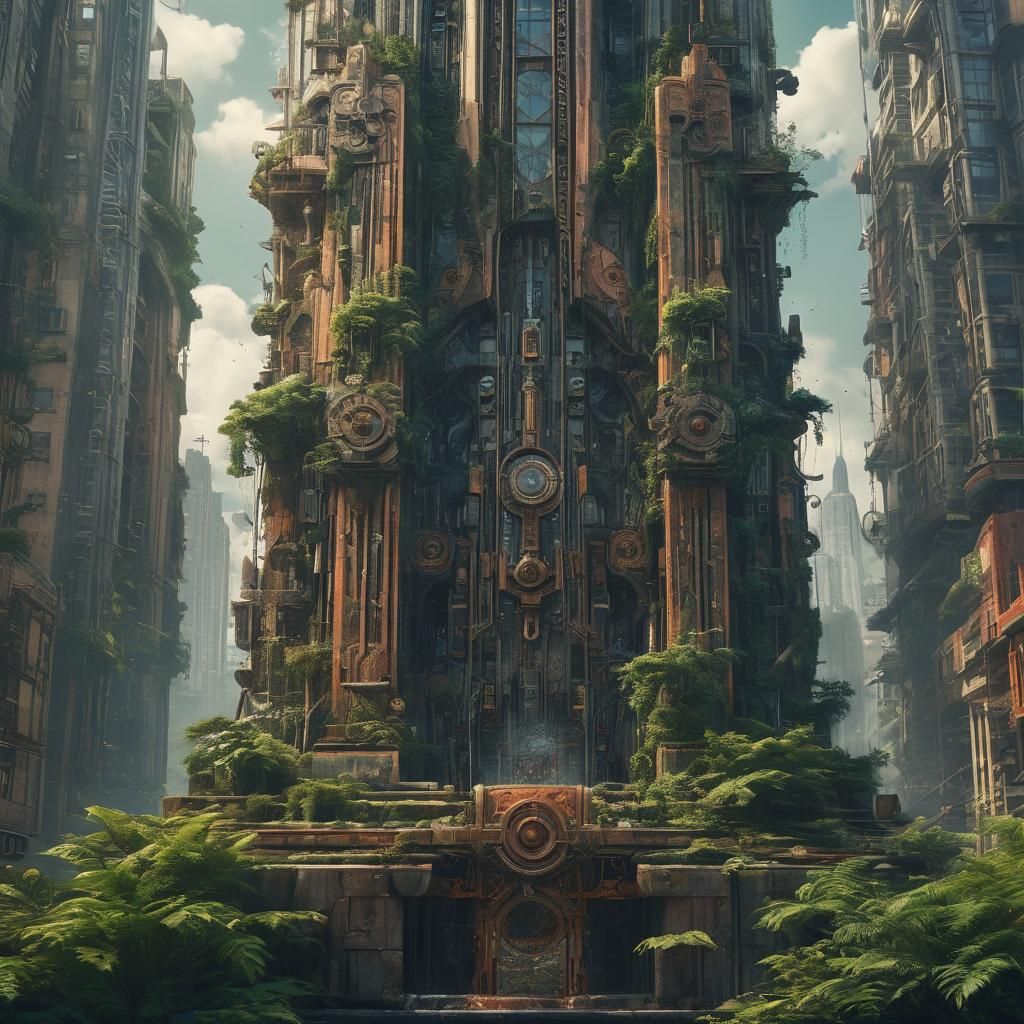 Futuristic Cityscape with Ancient Elements in Mixed Media