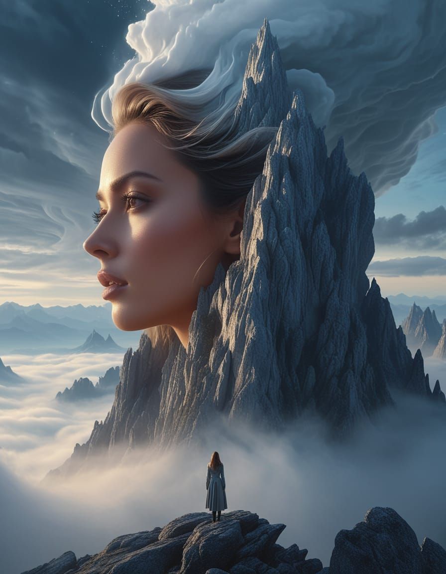 Surreal Woman on Misty Mountain Peak, Dreamlike Vista