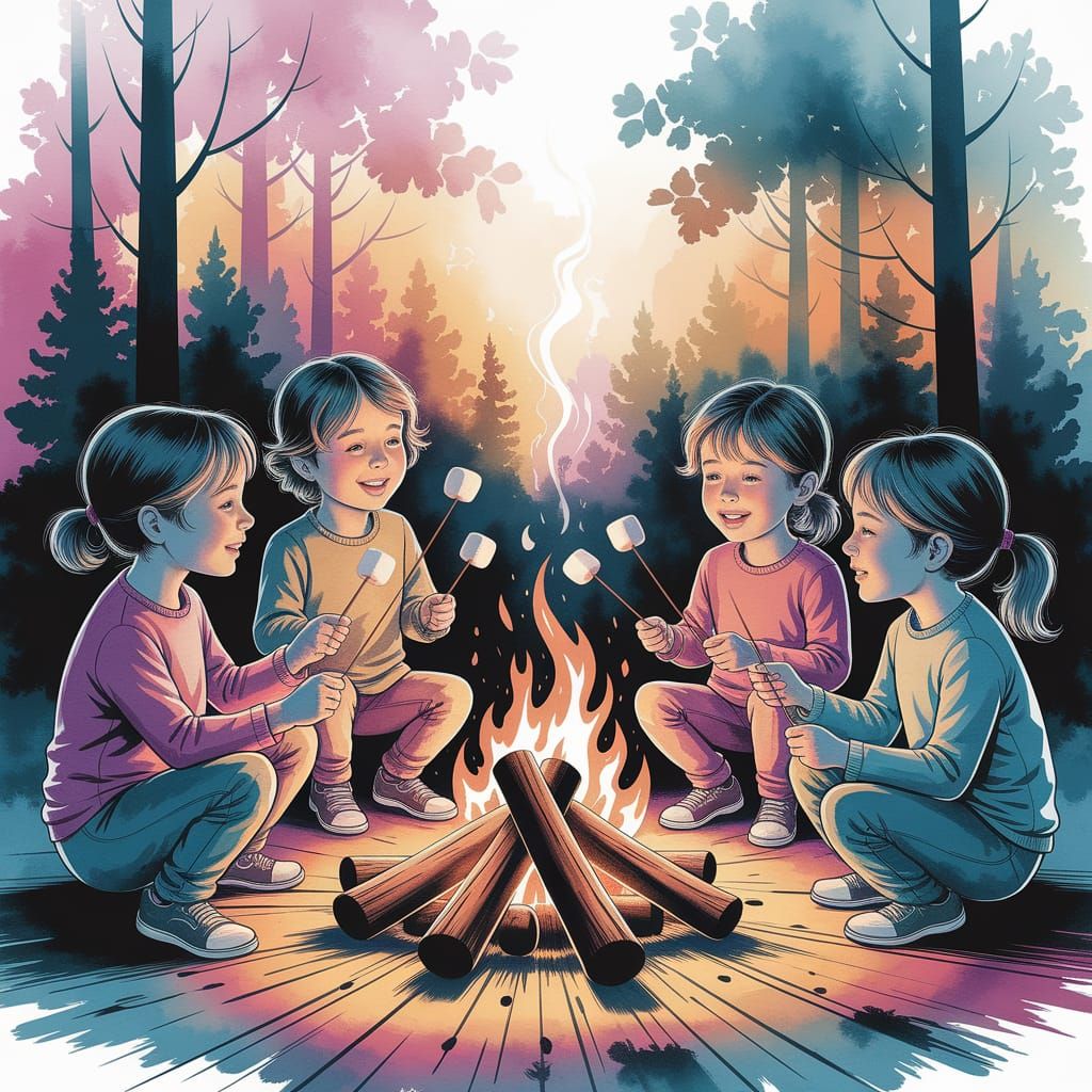 Children Around Campfire in Watercolor Pastel Hues