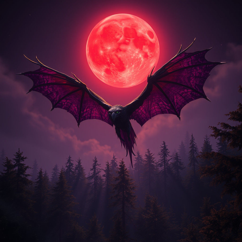 Harpy Flying Under Blood Moon: Dark Fantasy Art