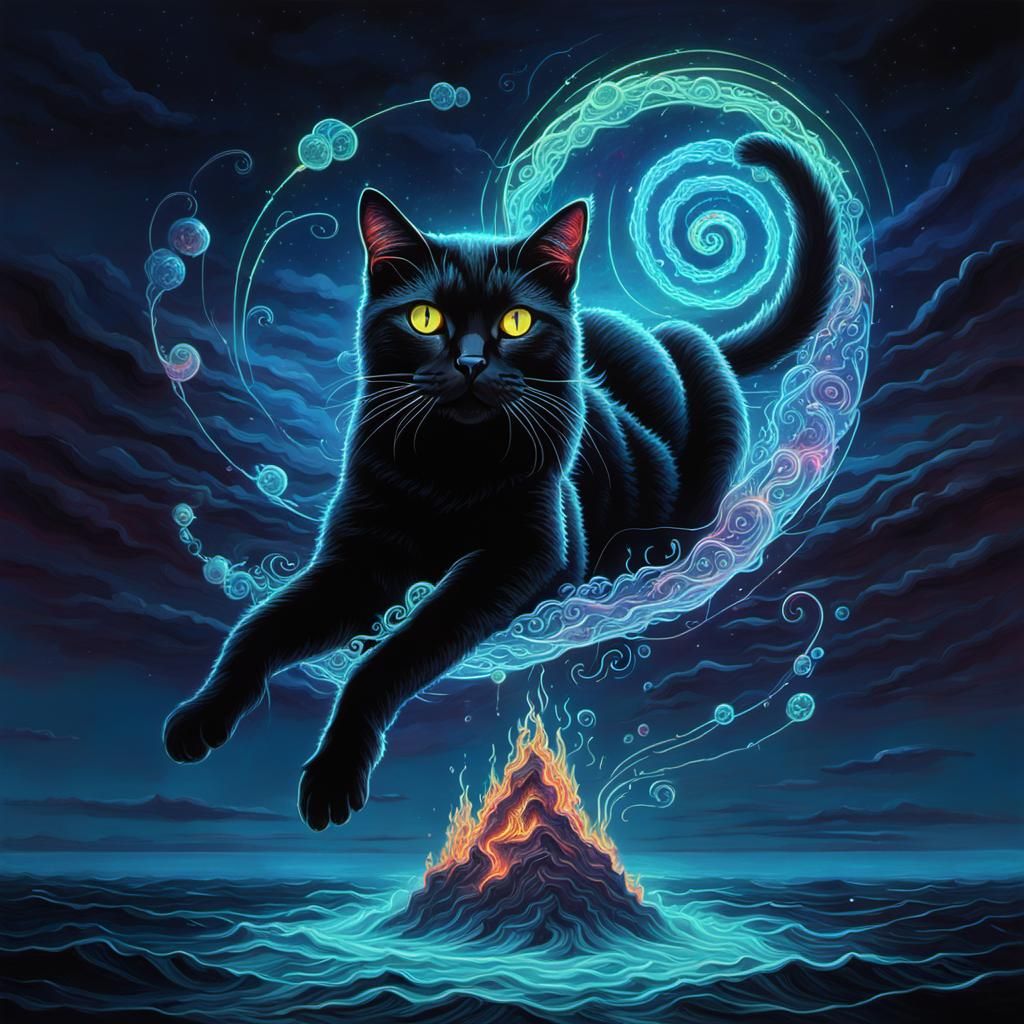 Surreal Black Cat Seascape with Neon Fire