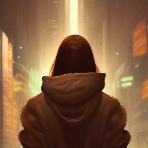 Girl in Hoodie Gazing at Neon Cityscape
