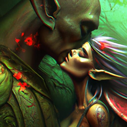 Orc and Fae Woman Kiss in Romantic Fantasy Art
