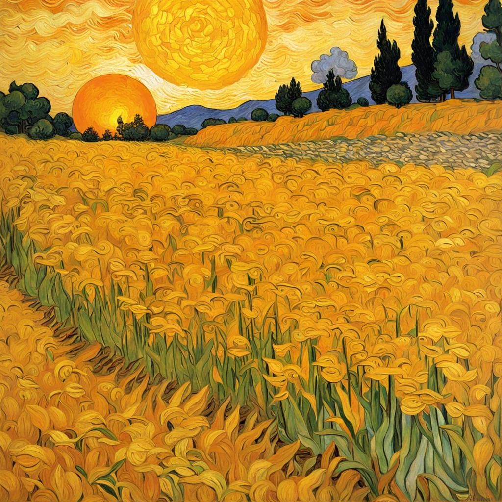 Wheatfield Sunset in Post-Impressionistic Style