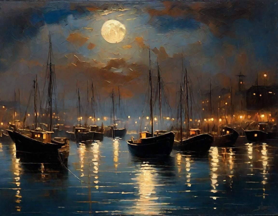 Twilight Harbor: An Atmospheric Vintage Oil Painting