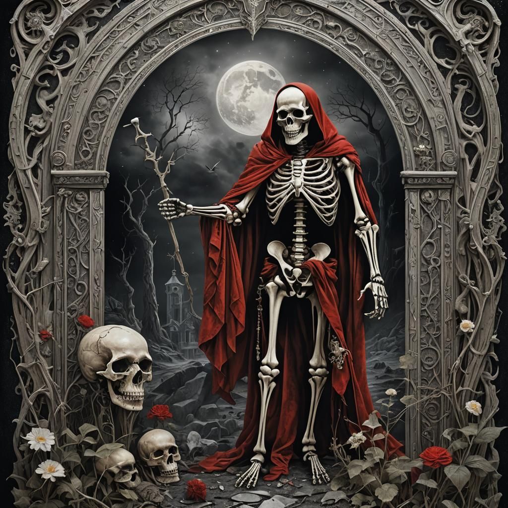 Skeleton Hermit Tarot Card in Maximalist Style