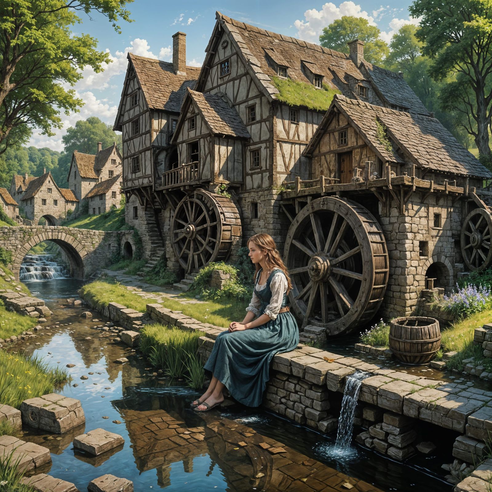 Dark Fantasy Watermill Scene with Pretty Female Wench