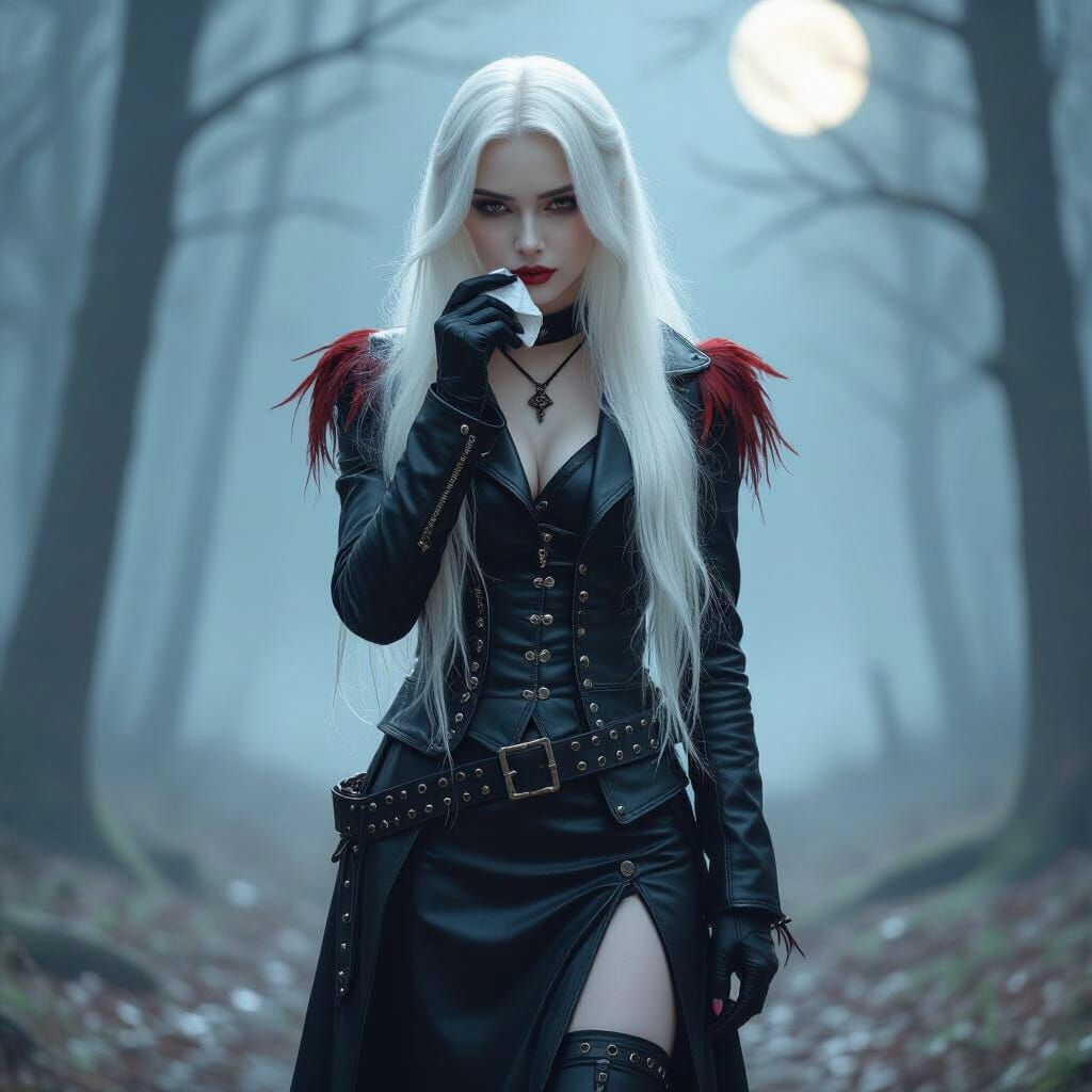 Vampire Girl in Leather Jacket with Feather Detail