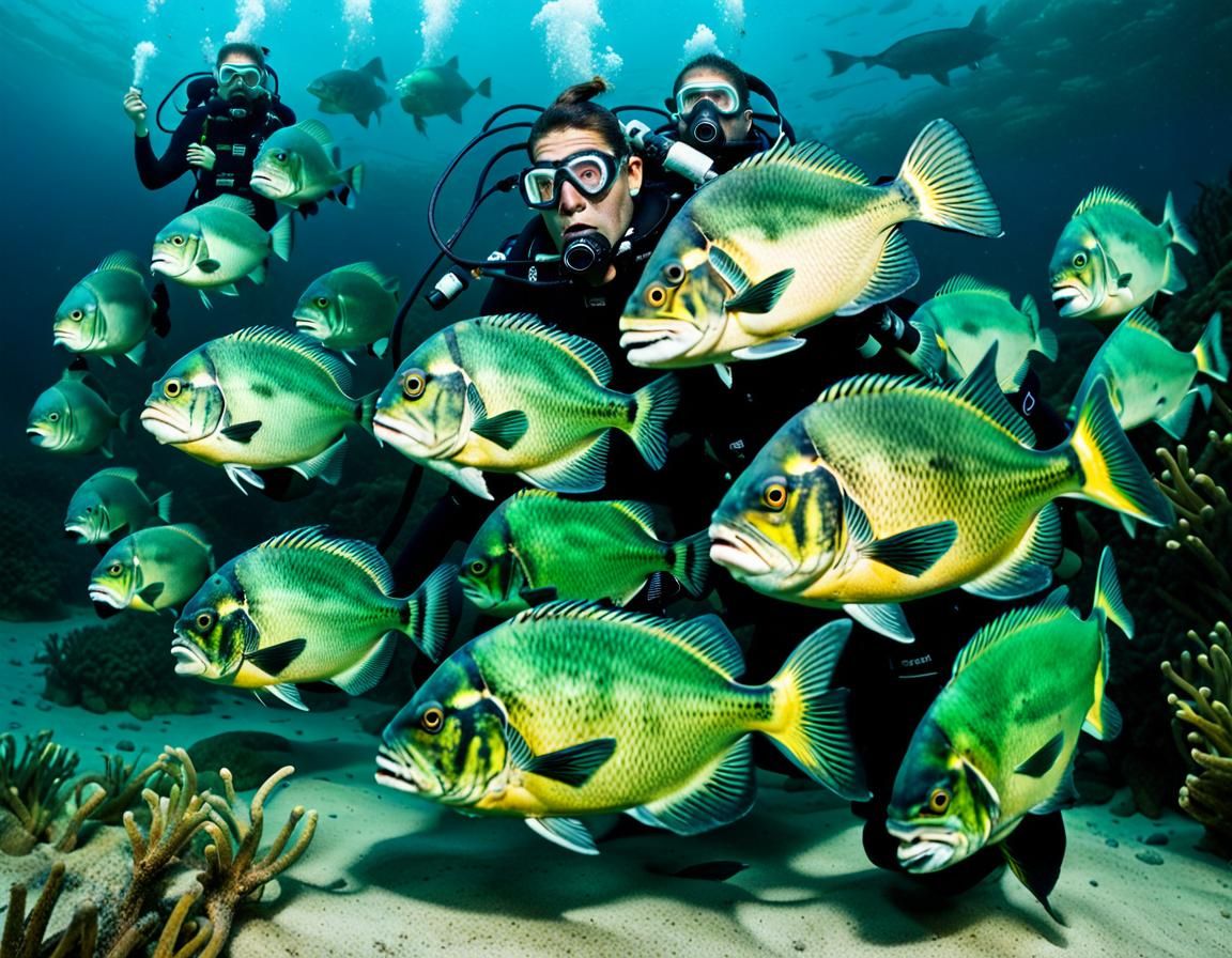 Piranhas Under Scuba Divers