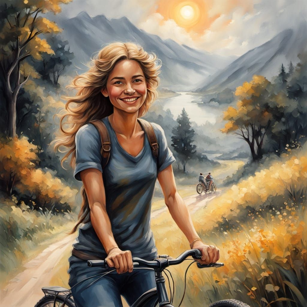 Woman Cycling in Countryside: Ethereal Charcoal Drawing