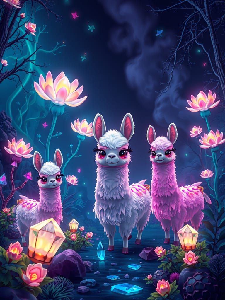 Mystical Forest Llamas with Bioluminescent Flowers