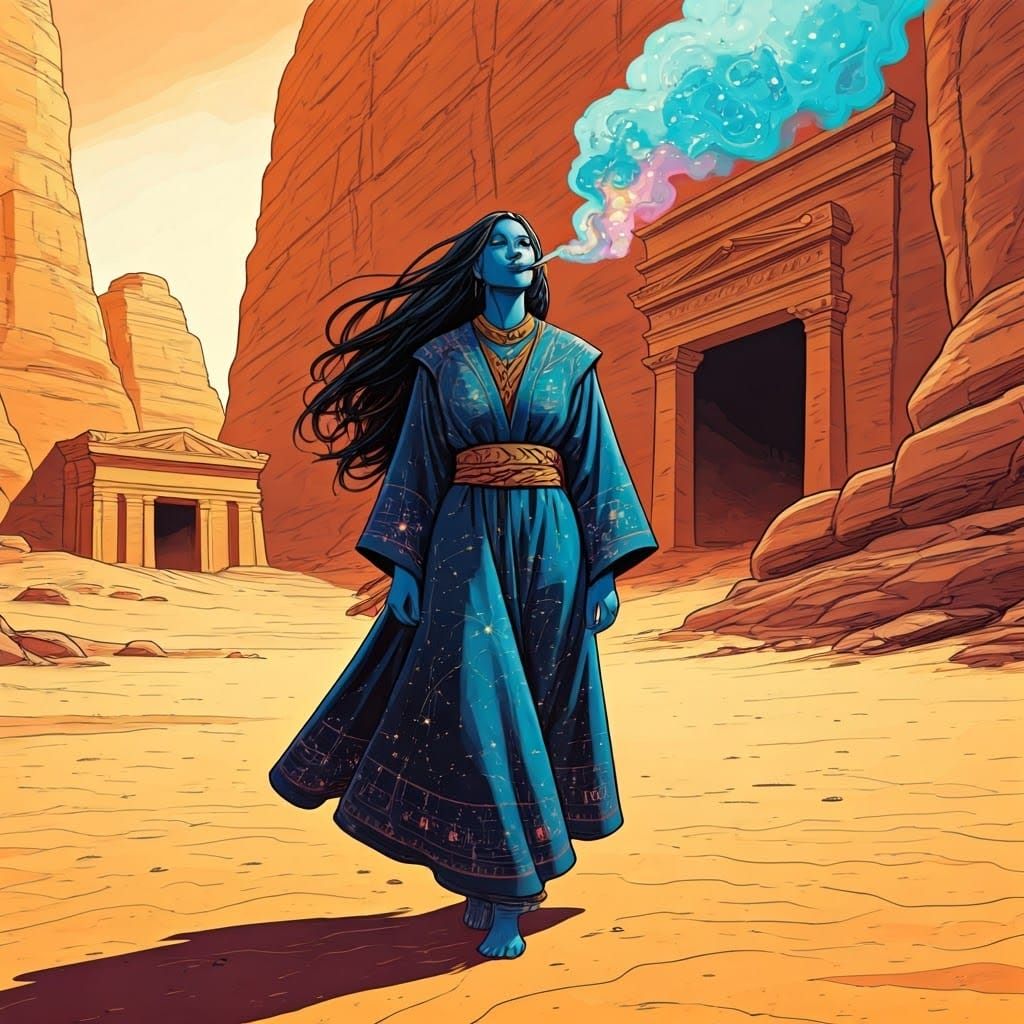 Androgynous Desert Goddess Exhaling Psychedelic Smoke