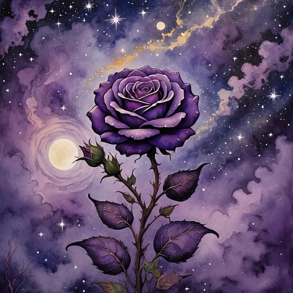 Opal Rose in Purple Smoke: Art Nouveau Gouache