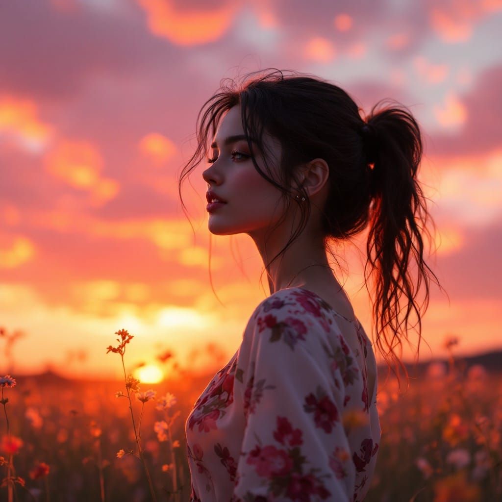 Girl in Meadow at Sunset: Hyperdetailed Portrait