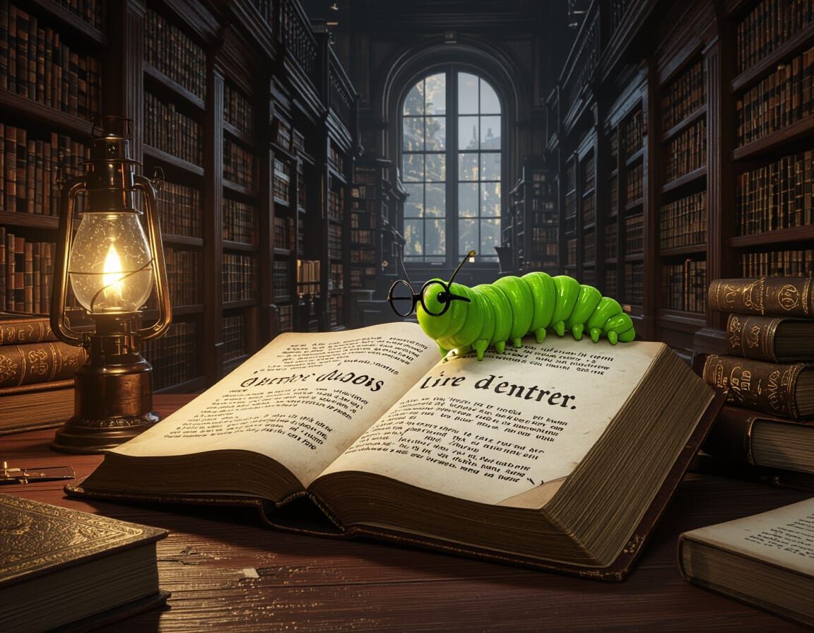 Epic Library Scene: Caterpillar in Open Book, Dramatic Light...