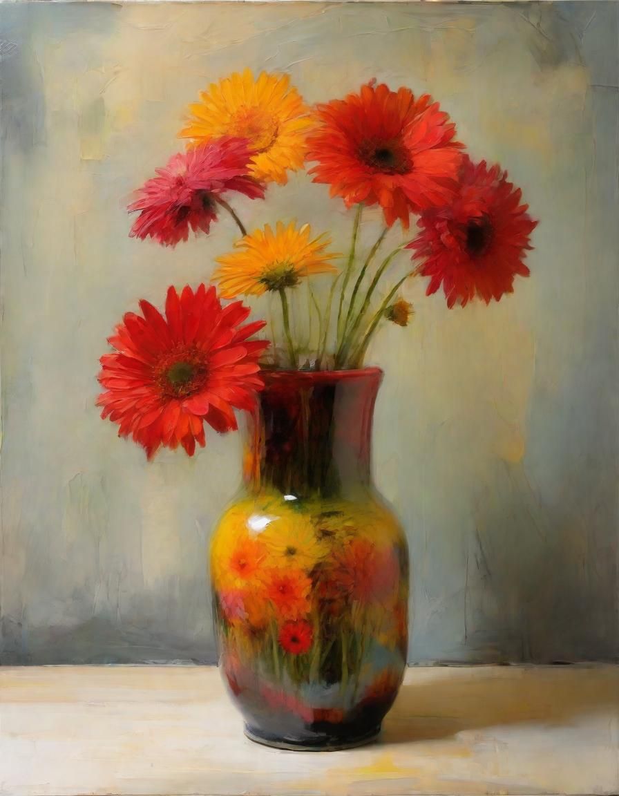 Gerbera Vase in Encaustic Acrylic Style