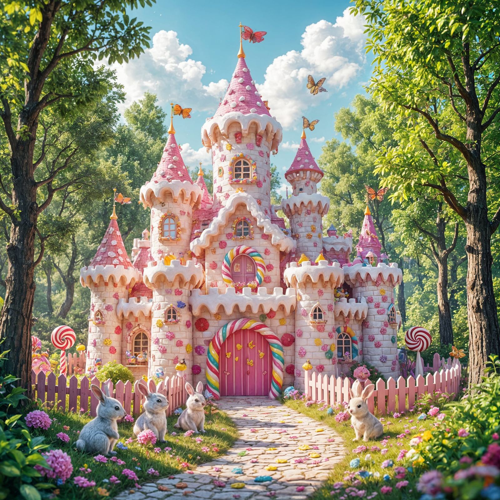 Colorful Candy Castle in Forest with Volumetric Lighting