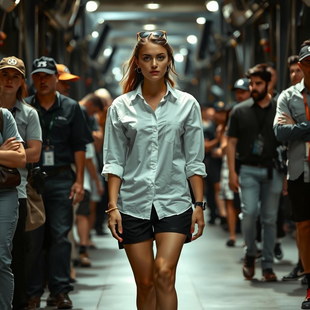 Confident Woman in Photocopy Style Walking in Crowd