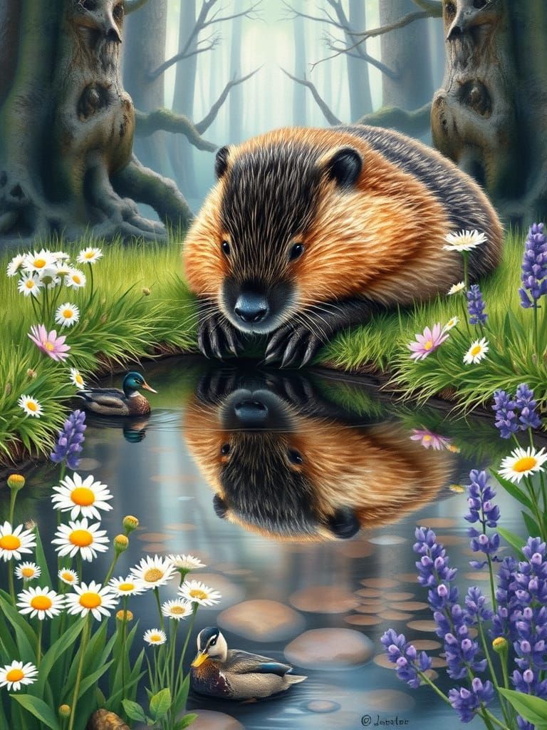Watercolor illustration of a young beaver at the edge of a b...