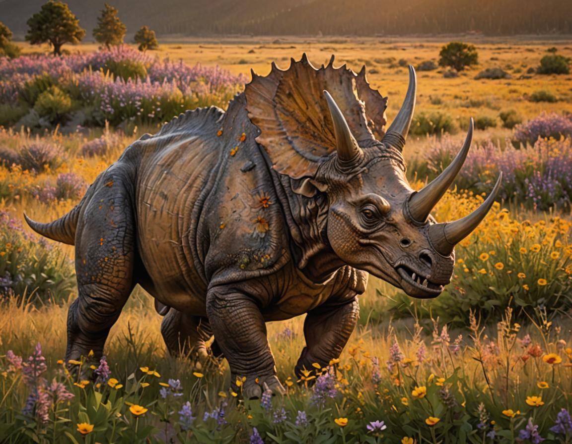 Triceratops Charges Through Wildflower Field