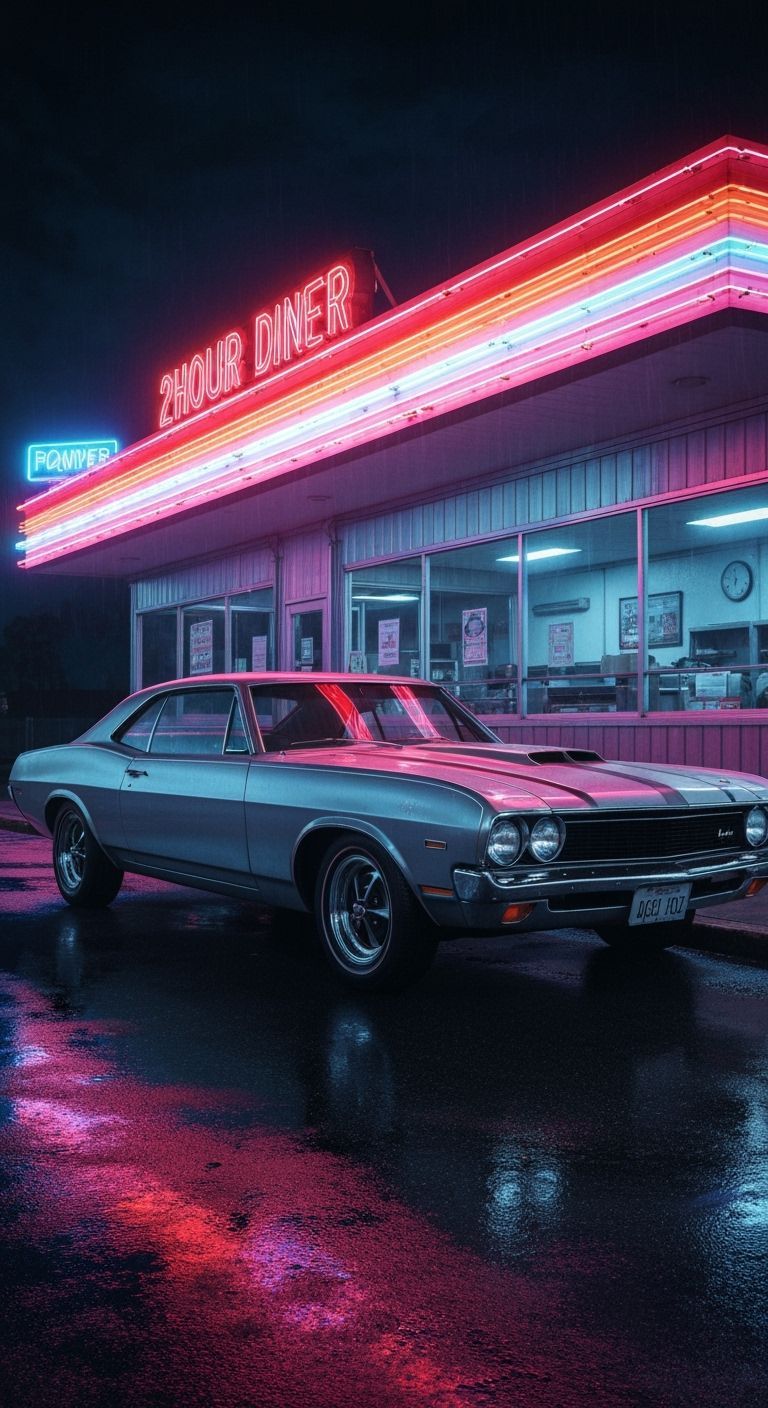 Muscle Car at Neon Diner, Cinematic Noir Style