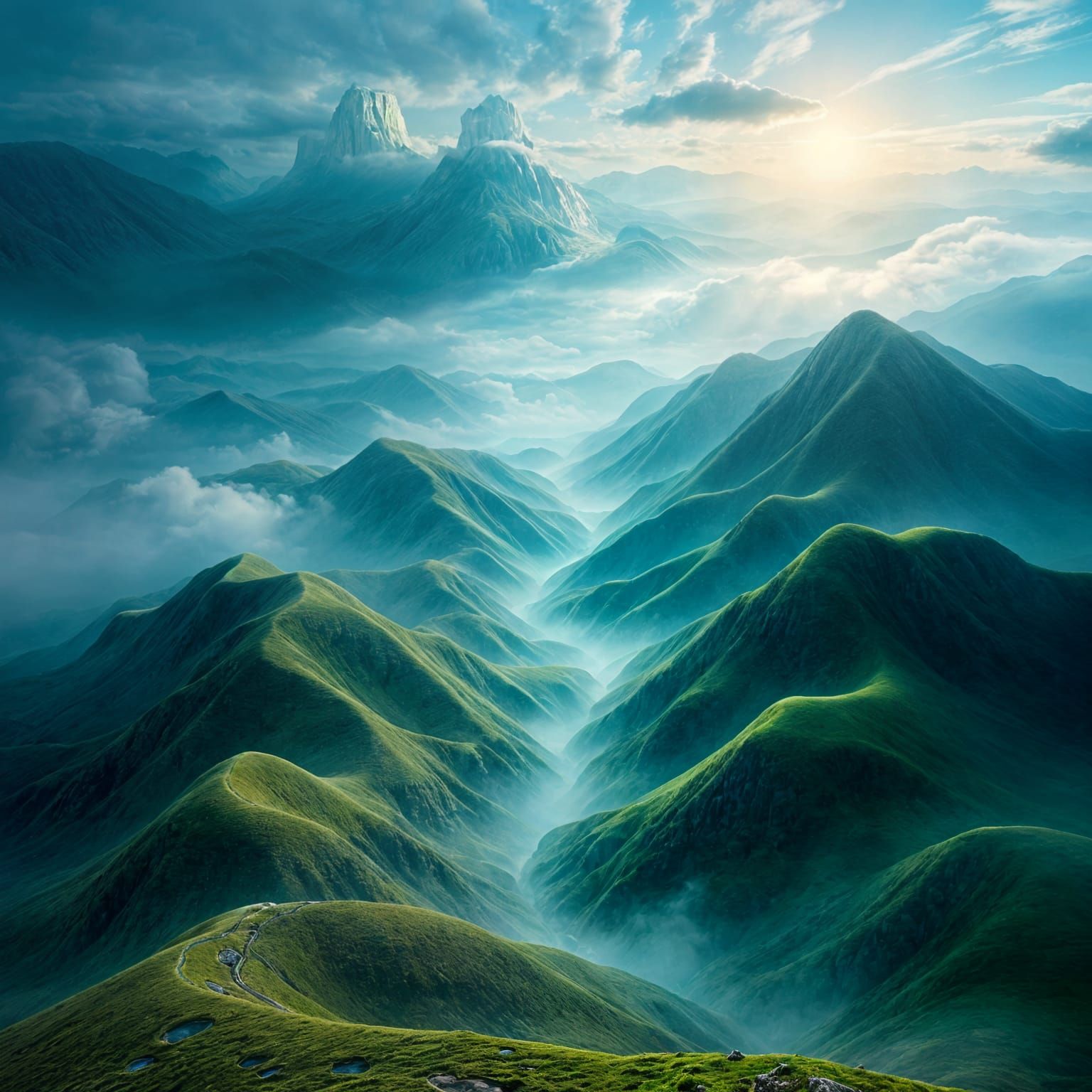 Ethereal Infinity Landscape in Blues and Greens