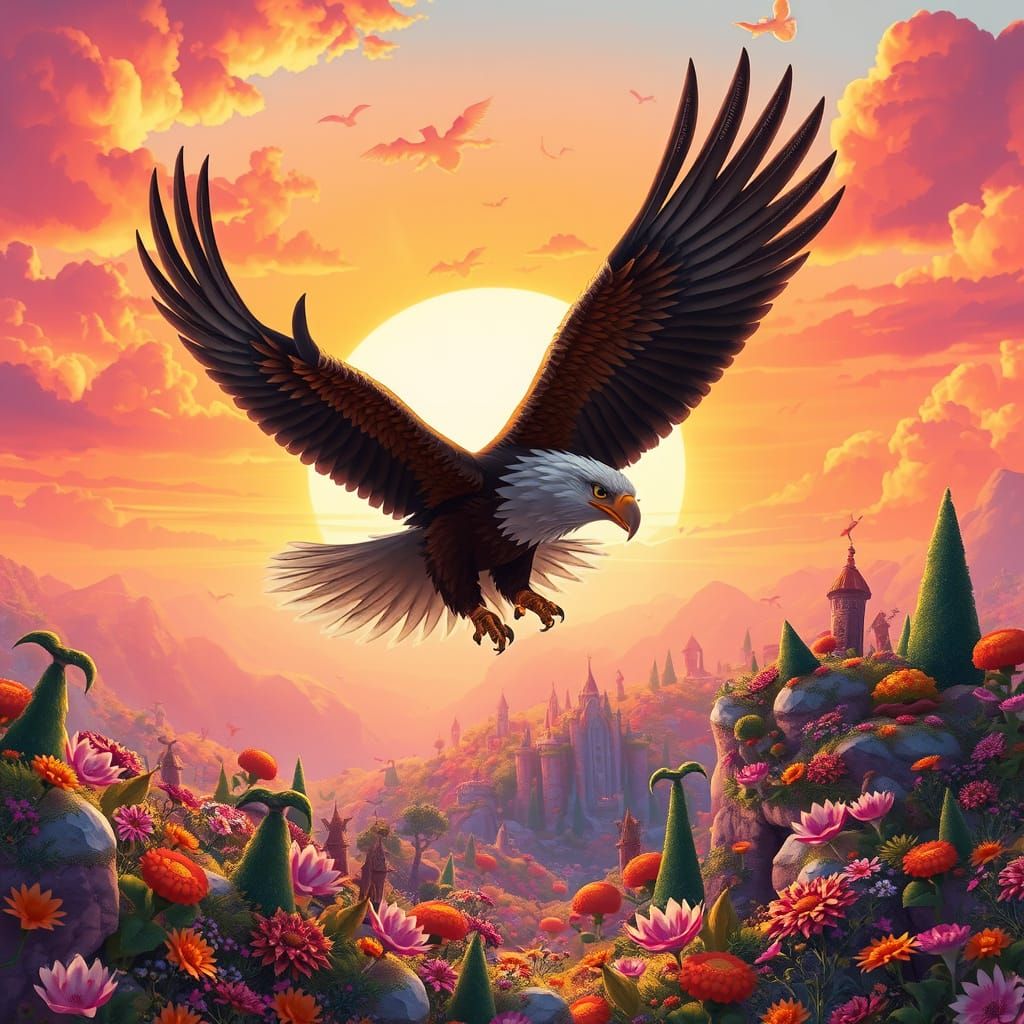 Eagle Soars Through Vibrant Wonderland Sunset in Semi-Realis...
