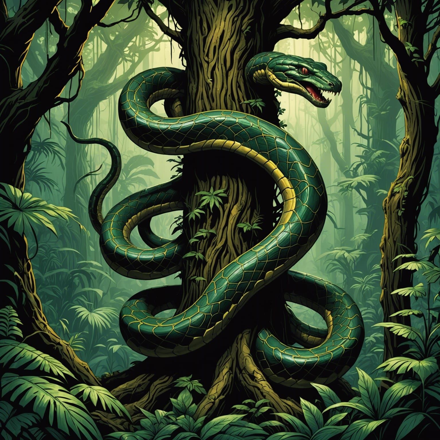 Colossal Snake in Jungle: Comic Book Art