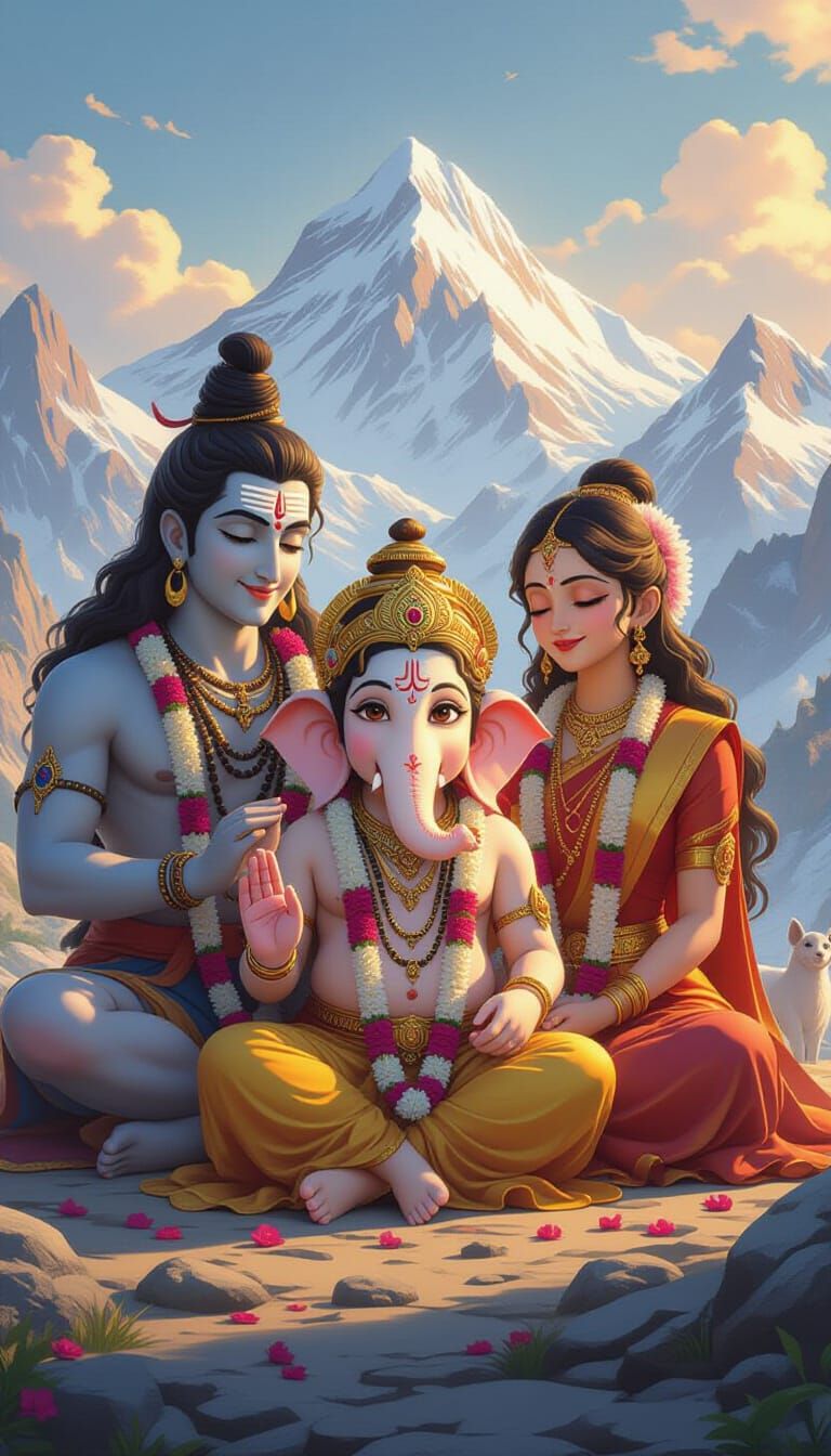 Divine Family: Ganesha with Shiva and Parvati in 3D Anime Ar...