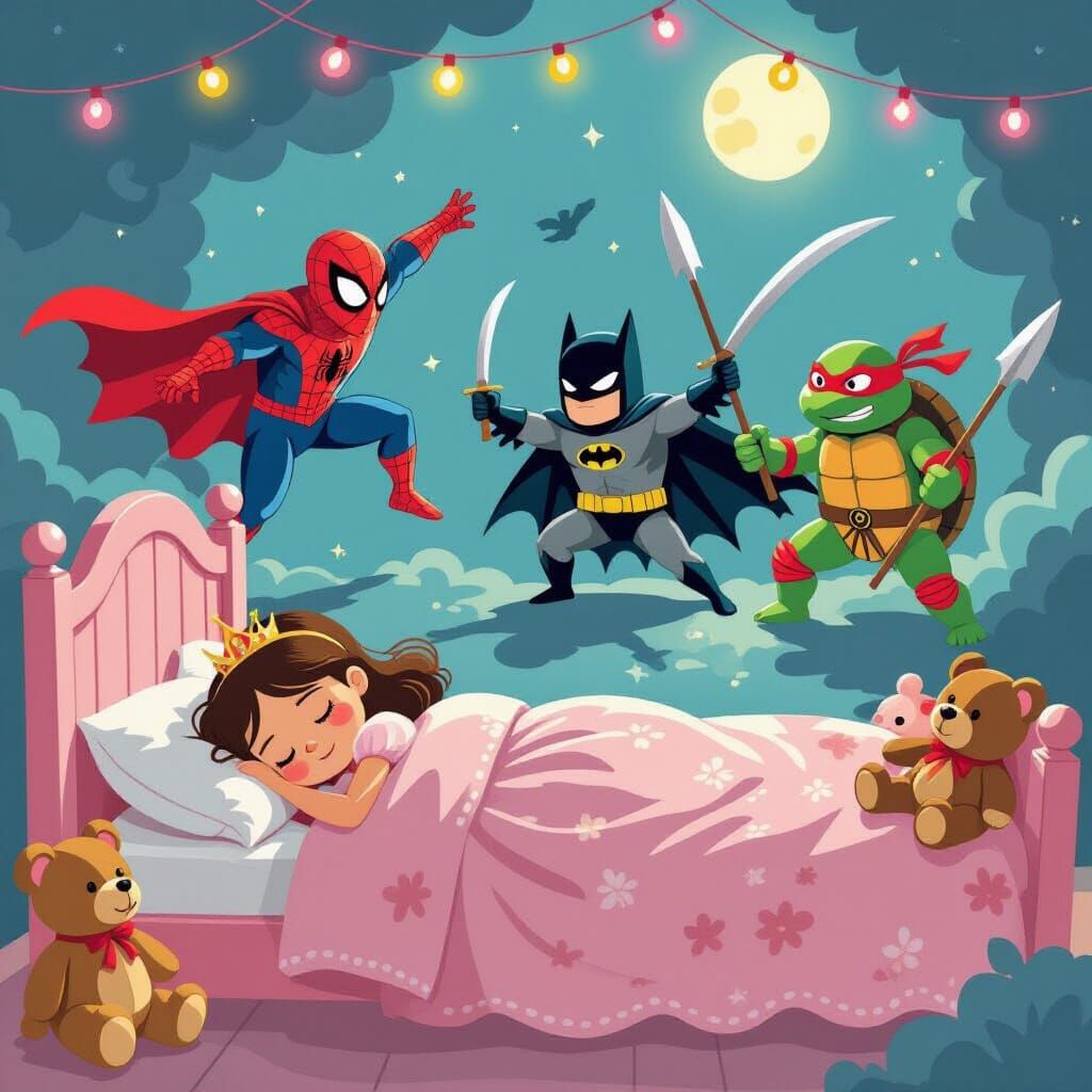 Dreamlike Princess Scene with Cartoon Bandit Brawl