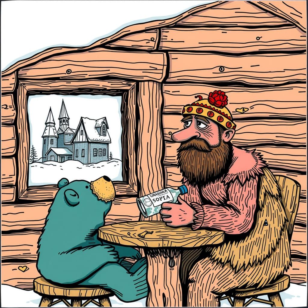 Vodka Drinking Bear in Grotesque Line Art