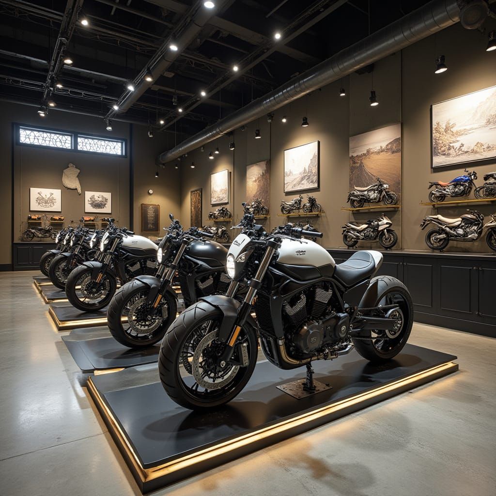 Futuristic Motorbike Shop Interior in Industrial-Chic Style